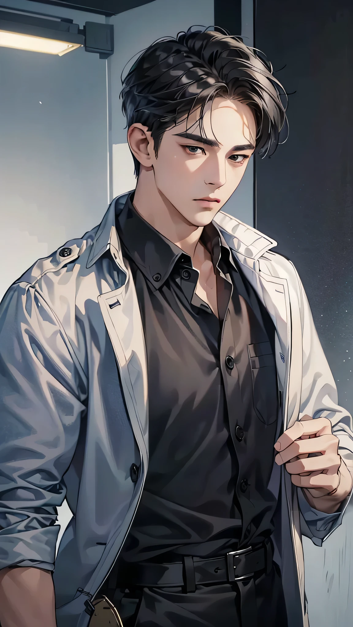 (best quality, masterpiece, 8K, Practical, light, 1:4 HDR images, Very detailed, pretty photo), Mature man, very handsome, ((Cold expression)), Black short hair, Black eyes, Flawless face, ((Button up my jacket, Chief Executive Officer))