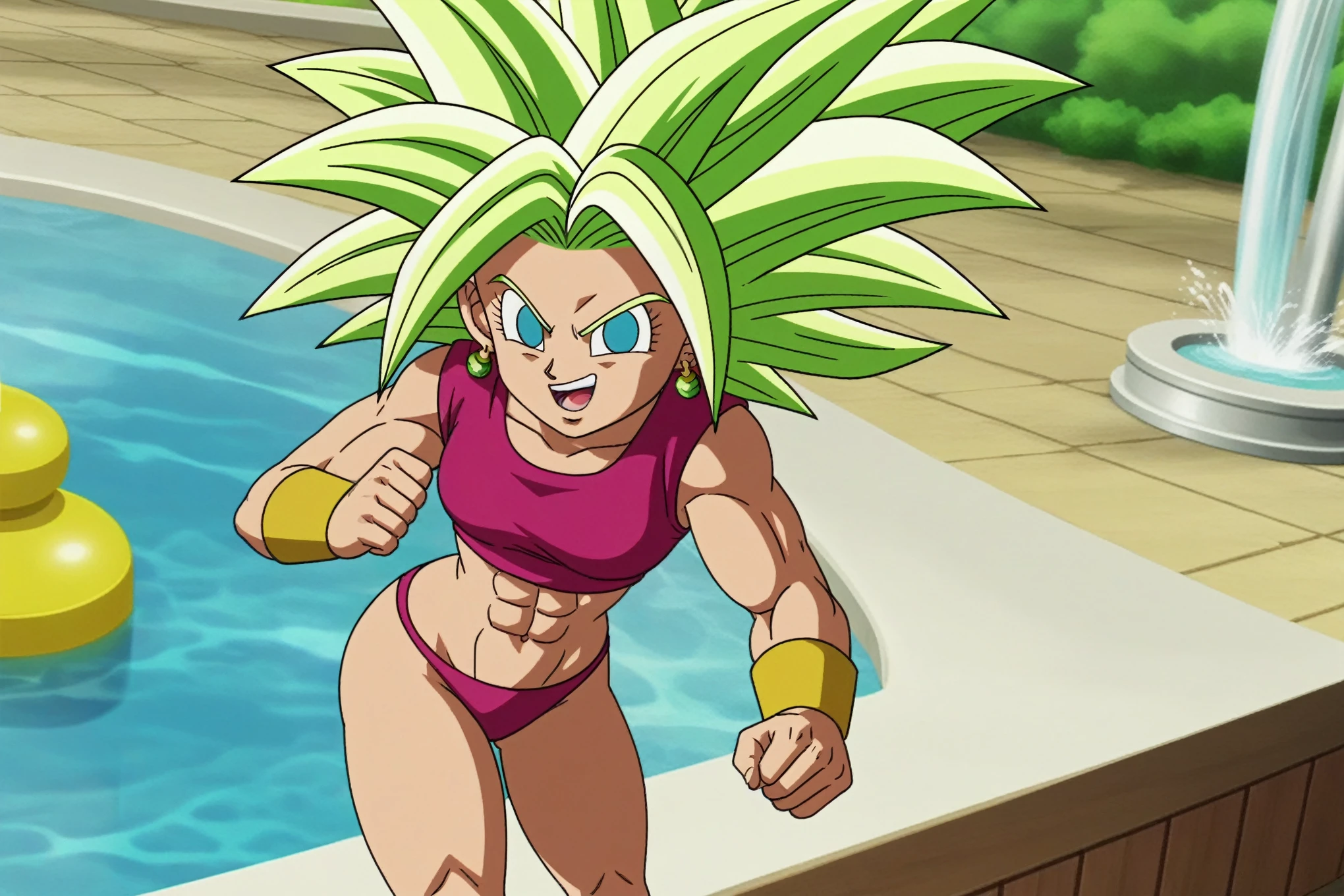 fountain_cheered up, score_9, score_8_above, score_7_above, cheered up screencap,
kefladb, 1 girl, Alone, looking at the viewer, smile, open mouth, blushing, blue eyes, belly button, potara earrings, muscular, ABS, spiky hair, Aura, saboveer saiyan, blonde eyebrows, blurred background, clavicle, eyebrows, green sky, no paboveils, shadow, standing, toned, v-shaped eyebrows, nude, tits, medium breasts, Showing the ass, from behind, tight bare ass, vagina, pubic hair vagina
 