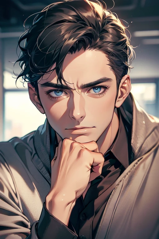 (Best Quality,4k,8k,high resolution,Masterpiece:1.2),ultra detailed,(realist,photorealist,photo-realist:1.37),1 man,31 years,mature man,very handsome,without expresion,muscled body,short gray black hair,Blue eyes,glare,perfect face without mistakes,imposing posture,businessman,office background,cinematic lighting,imagen HDR