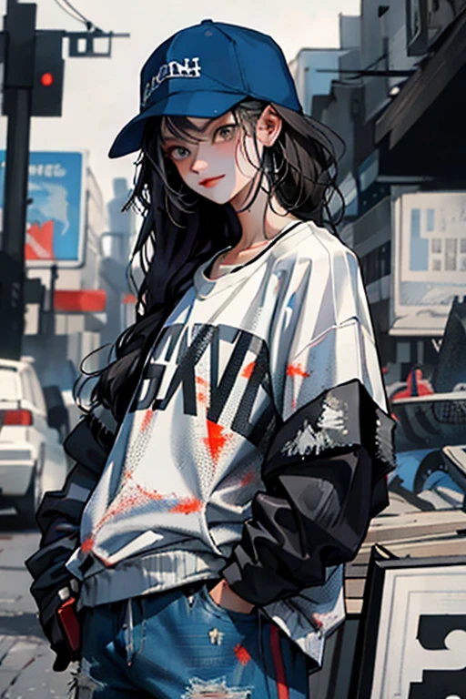 One girl,Back Shadow Splatter,paint splatter sweatshirt,Off-the-shoulder garments,Baseball cap,Alchemy Research Institute,Mysteries of the Uncharted Territories,Put your hands in your pockets,Random colorful long hair,Shoulder-length hair,Iris,game scene graph, Rainy street background, Cute little smile