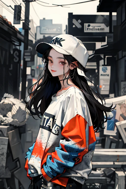 One girl,Back Shadow Splatter,paint splatter sweatshirt,Off-the-shoulder garments,Baseball cap,Alchemy Research Institute,Mysteries of the Uncharted Territories,Put your hands in your pockets,Random colorful long hair,Shoulder-length hair,Iris,game scene graph, Rainy street background, Cute little smile