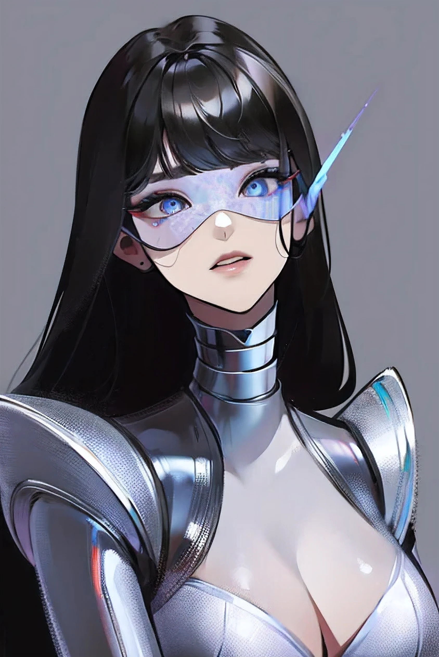 empty eyes,robotized woman ,big bust,Robot Joint ,Metal skin,Black suit,long hair