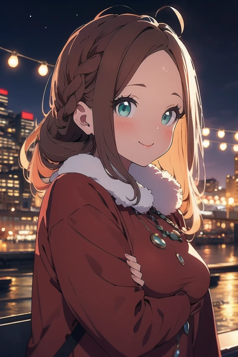 (showy:1.1), Vibrant color, (ultra high resolution, depth of field:1.2), (Scarlet Flanders:1.1), (1 woman), (adult), in his 20s, Touhou Project, (medium breasts), (green eyes), bright Eyes, (Forehead:1.2), brown fur , wavy fur, (by the wide:1.1), (French braid:1.2), Red ribbon, (city night scene :1.2), gentle smile, dim lighting