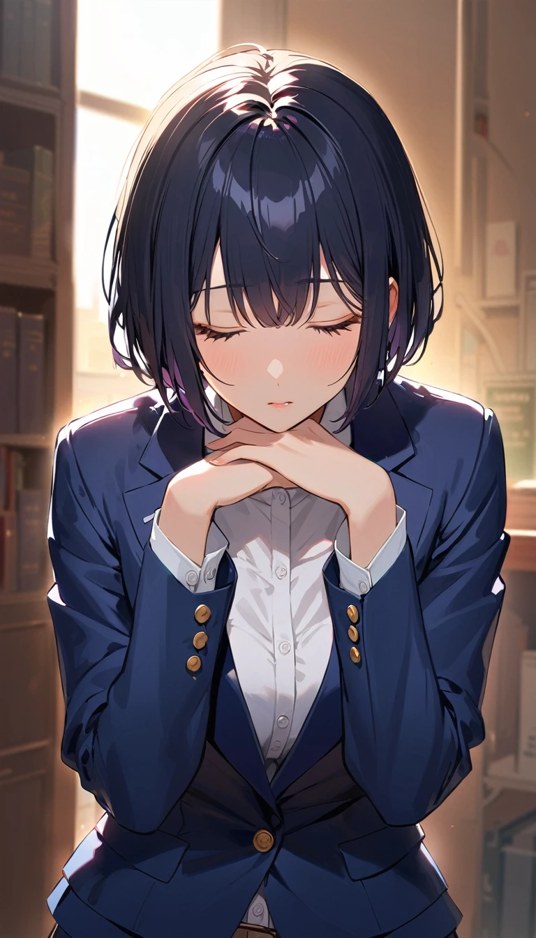 A high school girl with black short bob hair, wearing a navy blazer ,Arms folded in front of chest,(I'm worried),Blushing