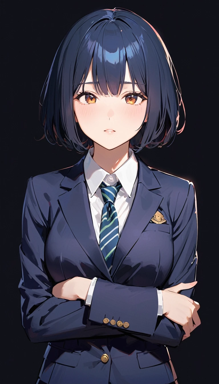 A high school girl with black short bob hair, wearing a navy blazer ,Arms folded in front of chest,(I'm worried),Blushing
