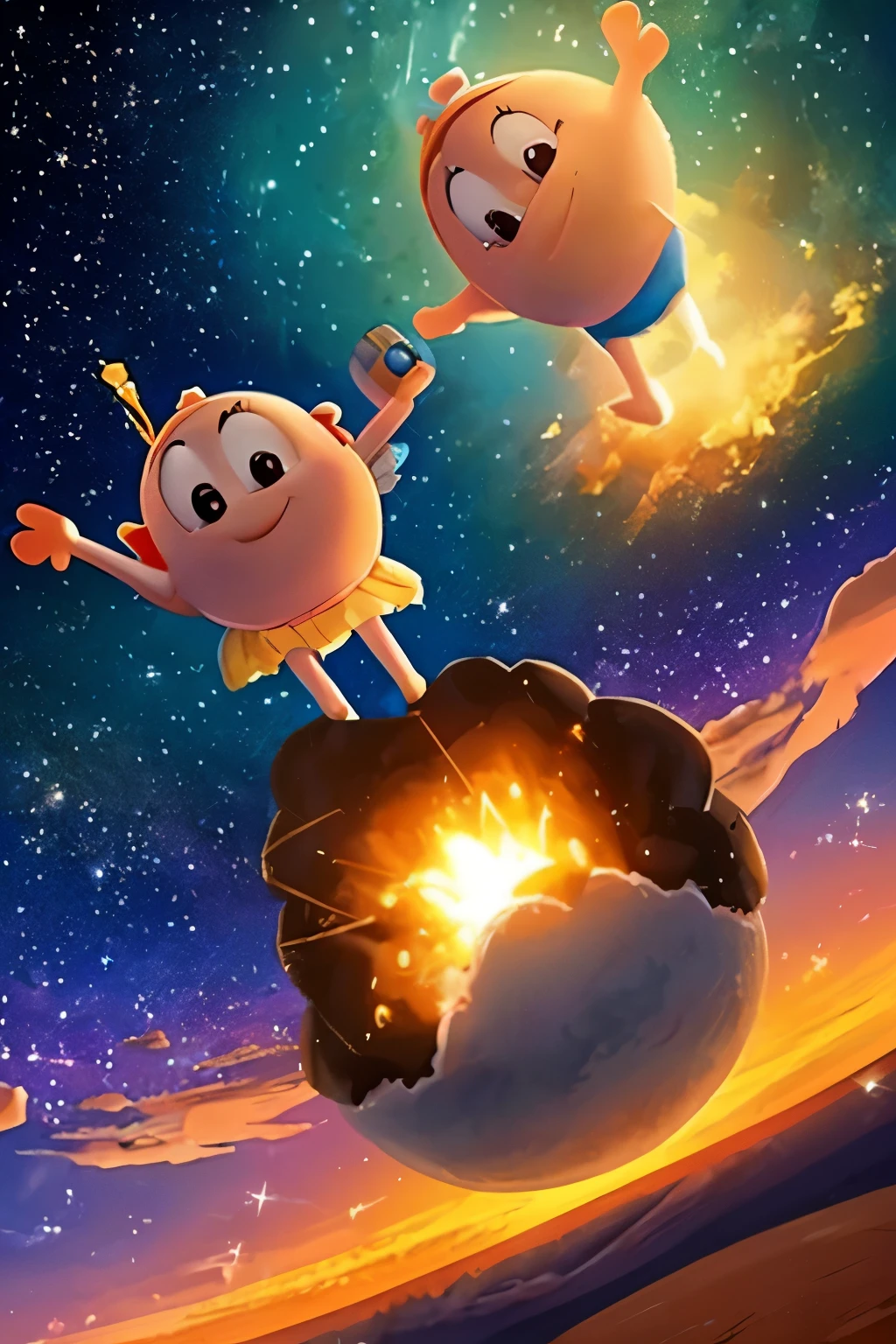 3d,European and American cartoons，Disney style，Pixar style，A cute scene of a bomb exploding in the starry sky