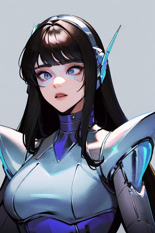 empty eyes,robotized woman ,big bust,Robot Joint ,Metal skin,Black suit,long hair
