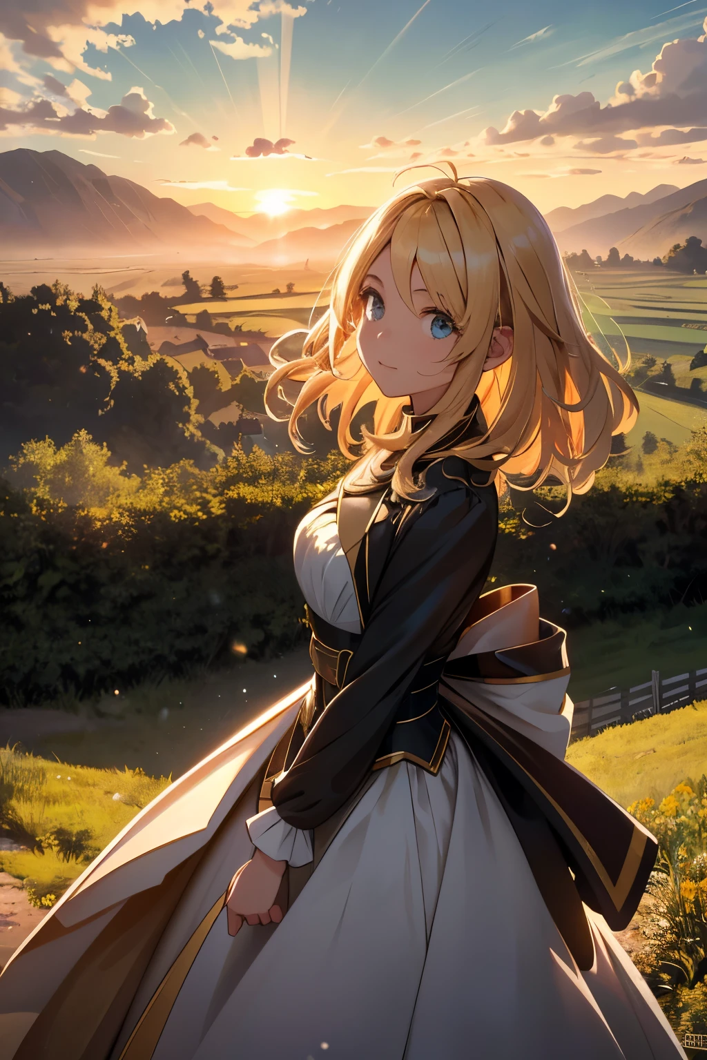 In the heart of a verdant valley, a picturesque tableau unfolds as a breathtaking sunrise illuminates the horizon. The village is a marvel of futuristic innovation, with house pods dotting the landscape like sleek, spherical pearls. The main character, clad in a skirt and jacket with voluminous puffy sleeves, stands at the edge of a dirt road that meanders through the valley. The radiant sunbeams dance upon her, playfully catching strands of her hair and blowing them back with an ethereal grace. The scene is captured from an angle that accentuates the allure of the moment, with the golden hues of sunrise casting a