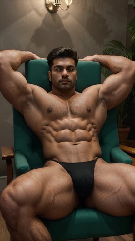 Handsome 25 years old spiky heared indian man sitting in a chair with his legs crossed, his legs spread apart, gigachad muscular, strong and imposing, macho pose, chest legs, very beautiful. big muscles, (sfw) safe for work, full subject shown in photo, large muscles, exaggeratedly large physique, in a rock chair, beefcake pose, legs crossed, realistic, hd,hdr, photo from camera, clear photo