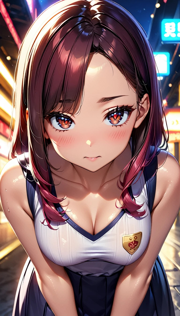 1girl, , , masterpiece:1.4, best quality:1.2, very aesthetic:1.4, super cute, shining eyes, 20-year-old, Fair skin, Black Hair, red highlights, Glowing Skin, Shiny small, Dark brown eyes, Sharp focus:1.2, Highly detailed face and skin texture, Detailed eyes, Perfect Face, Blur the background, Japanese, seductive expression:1.4, blushing, leaning forward, medium breasts, casual clothes, tease