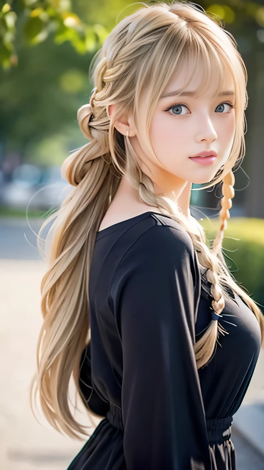 Sexy Big 、Sexy cute looks and cute 15 year old beautiful girl, beautiful and sexy face、A strong wind blows my hair in front of my face、beautiful long blonde French braided hair、beautiful, Cute and sexy eyes hidden behind long bangs