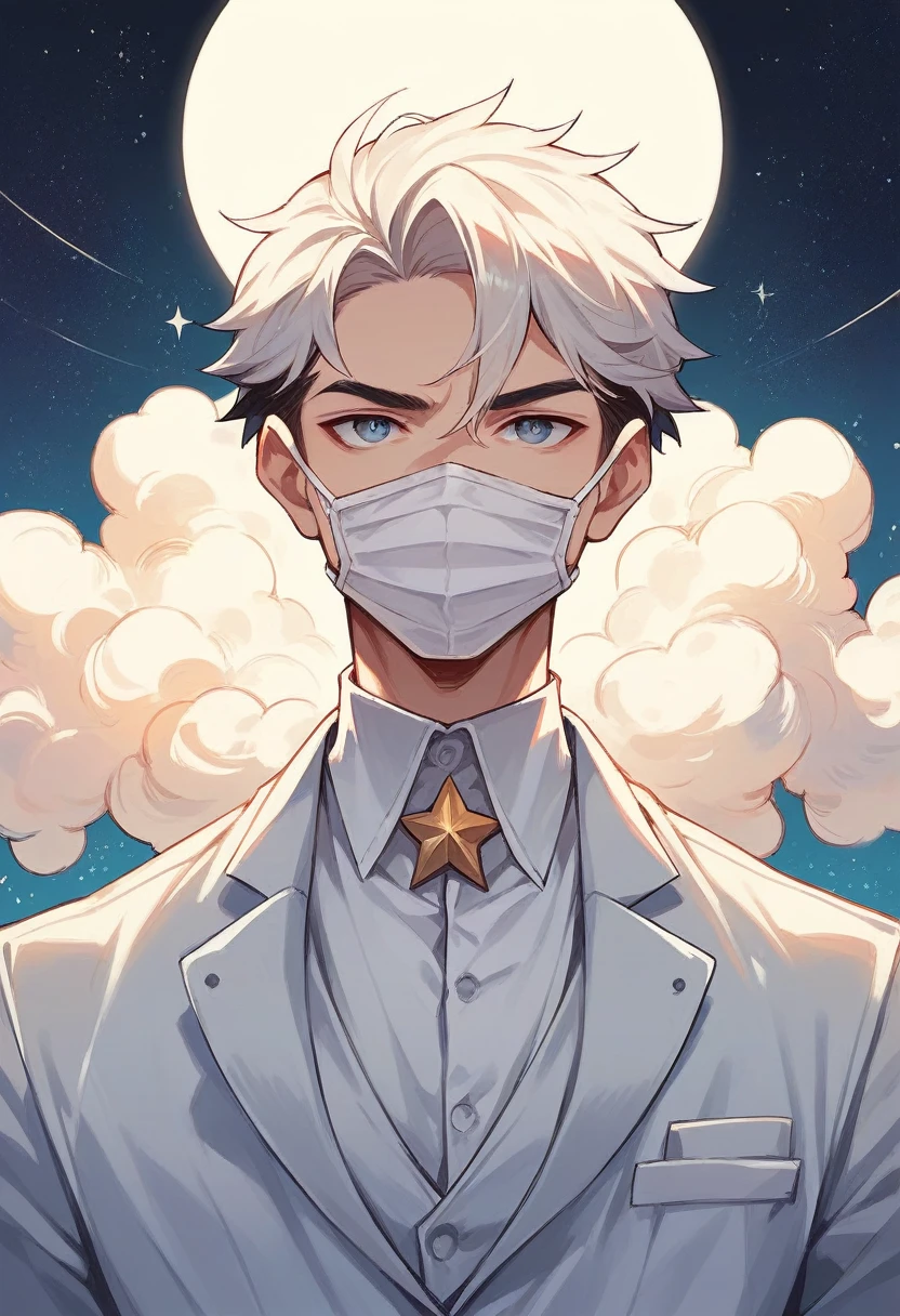 A God in between stars and galaxies in a white suit and full face cover mask 