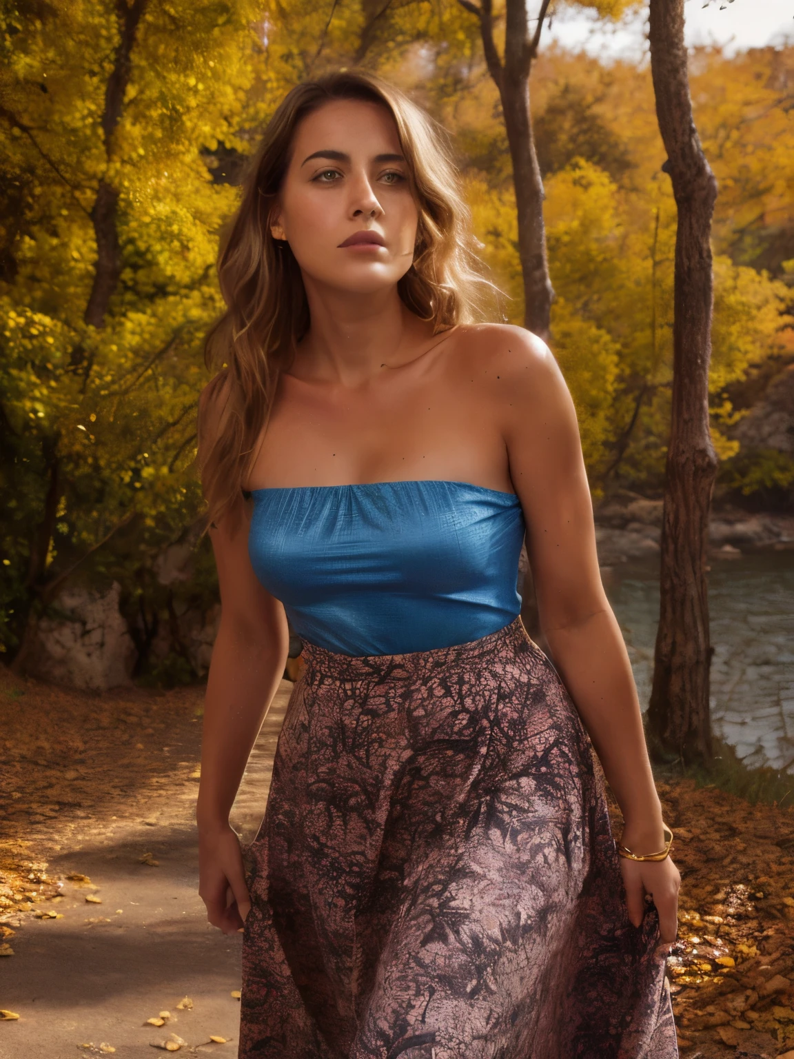 A young woman lies serenely on a sunlit cliff overlooking the vibrant autumn landscape of Mallorca's south coast, Spain, during the 1870s. The scene is set in the midst of a colorful and heavily windy autumn, with leaves in shades of crimson, gold, and amber swirling around her. 

She wears an elegant paisley print off-the-shoulder top, the fabric a rich burgundy with intricate paisley patterns in muted ochre and deep teal. The top is made from a soft, flowing silk that catches the light, revealing delicate textures and subtle shimmer. Her skirt, a complementing piece, is a soft taupe-colored, high-waisted flowy maxi skirt that moves gracefully with the wind. The skirt's fabric, a lightweight chiffon, creates soft, undulating waves as it billows around her, adorned with fine embroidery in ivory that adds to its delicate appearance. 

Her hair, styled in soft, wavy blond locks, is tousled by the gusty winds, with strands flying around her face and shoulders. The buzz-cut at the nape of her neck contrasts with her flowing, wavy locks, giving her a timeless yet modern look. Her tan skin is adorned with natural imperfections such as freckles and slight blemishes, enhancing her realistic appearance. The golden hour sunlight casts a warm, amber glow across her skin, accentuating its natural beauty.

The background is a picturesque autumn scene on the south coast of Mallorca. The landscape features rolling hills with a mosaic of autumn foliage, showcasing a vibrant mix of colors: fiery reds, golden yellows, and burnt oranges. The ground is scattered with fallen leaves, creating a colorful carpet that contrasts with the rocky terrain of the cliff. The sea in the distance is a deep, sapphire blue, shimmering under the late afternoon sun.

The air is filled with the movement of swirling leaves and the sound of the wind rustling through the trees. The wind creates a dynamic backdrop, making the leaves dance and the branches sway. The foliage on the trees, ranging multicolor