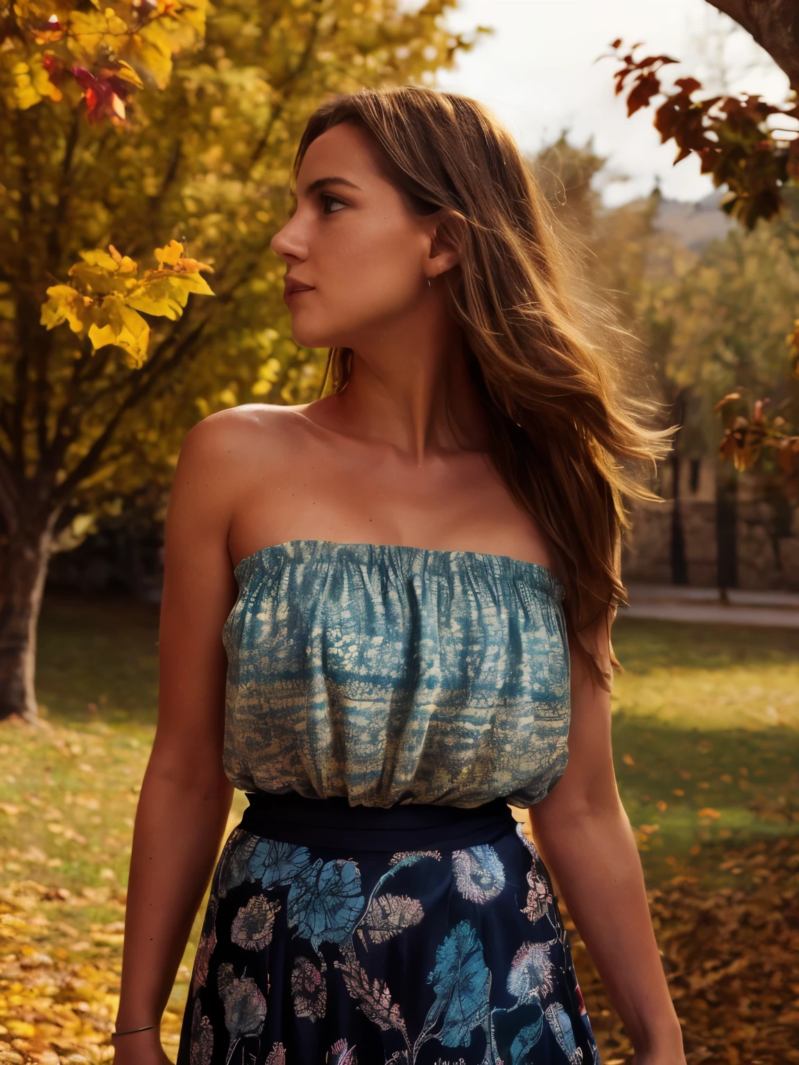 A young woman lies serenely on a sunlit cliff overlooking the vibrant autumn landscape of Mallorca's south coast, Spain, during the 1870s. The scene is set in the midst of a colorful and heavily windy autumn, with leaves in shades of crimson, gold, and amber swirling around her. 

She wears an elegant paisley print off-the-shoulder top, the fabric a rich burgundy with intricate paisley patterns in muted ochre and deep teal. The top is made from a soft, flowing silk that catches the light, revealing delicate textures and subtle shimmer. Her skirt, a complementing piece, is a soft taupe-colored, high-waisted flowy maxi skirt that moves gracefully with the wind. The skirt's fabric, a lightweight chiffon, creates soft, undulating waves as it billows around her, adorned with fine embroidery in ivory that adds to its delicate appearance. 

Her hair, styled in soft, wavy blond locks, is tousled by the gusty winds, with strands flying around her face and shoulders. The buzz-cut at the nape of her neck contrasts with her flowing, wavy locks, giving her a timeless yet modern look. Her tan skin is adorned with natural imperfections such as freckles and slight blemishes, enhancing her realistic appearance. The golden hour sunlight casts a warm, amber glow across her skin, accentuating its natural beauty.

The background is a picturesque autumn scene on the south coast of Mallorca. The landscape features rolling hills with a mosaic of autumn foliage, showcasing a vibrant mix of colors: fiery reds, golden yellows, and burnt oranges. The ground is scattered with fallen leaves, creating a colorful carpet that contrasts with the rocky terrain of the cliff. The sea in the distance is a deep, sapphire blue, shimmering under the late afternoon sun.

The air is filled with the movement of swirling leaves and the sound of the wind rustling through the trees. The wind creates a dynamic backdrop, making the leaves dance and the branches sway. The foliage on the trees, ranging multicolor