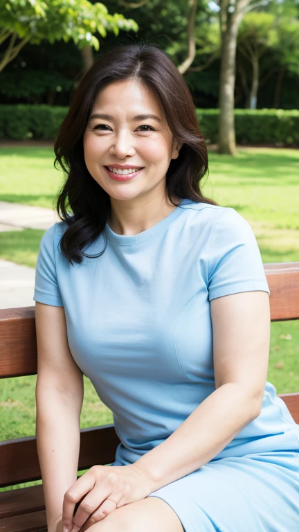 8k wallpaper, masterpiece, best quality, Very detailed, Mature woman, 50 years old, Become very clear, Wearing a short-sleeved shirt, Skin Dimples, Charming smile, Looking at the audience, , full, Curvy beauty, Charming face, Smile with teeth bared, wrinkles around the eyes, Sitting on a park bench, Background blur