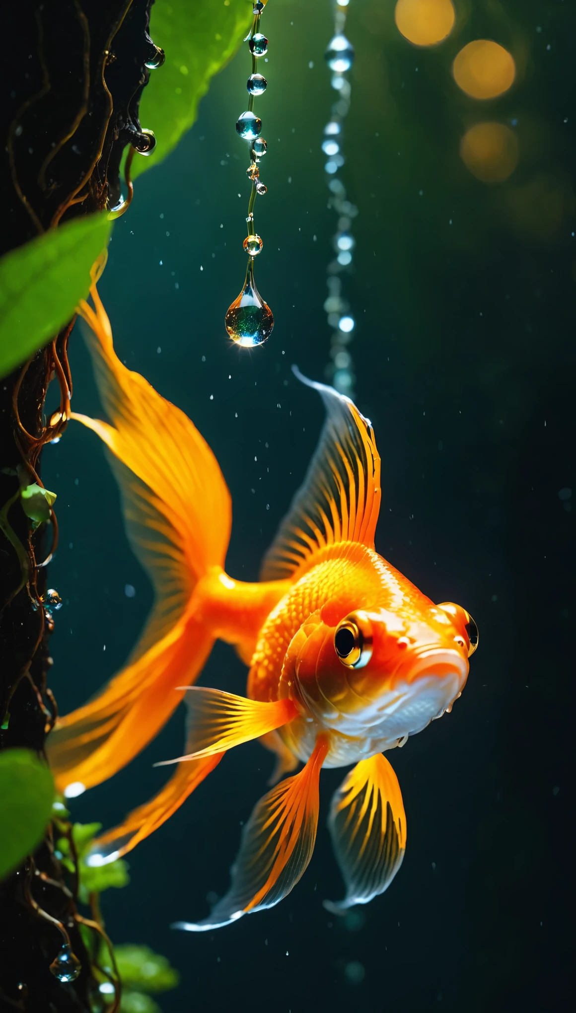 Cinematic photography macro photography、Shining drops、We cling to magical, fantastical glass vines that reach from high branches to molten lava near us.。The fantastic colors of the galaxy、[vertical orientation]、Goldfish swimming in a glass with an open center made of old paper。35mm Photography、film、Bokeh、professional、4K、Very detailed