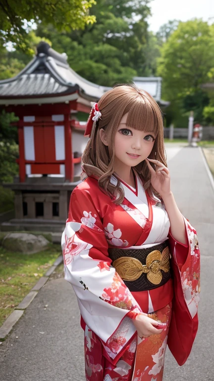 (Shrine maiden:1.3、Shrine maiden装束、Red and white kimono、Shrine maidenコスチューム:1.3)、smile、1 girl、Bob Hair、Brown Hair、Medium breast、Stone steps of the shrine、Are standing、masterpiece:1.3、Highest quality、Raw photo、Anatomically accurate hands and feet、Anatomically correct fingers、
