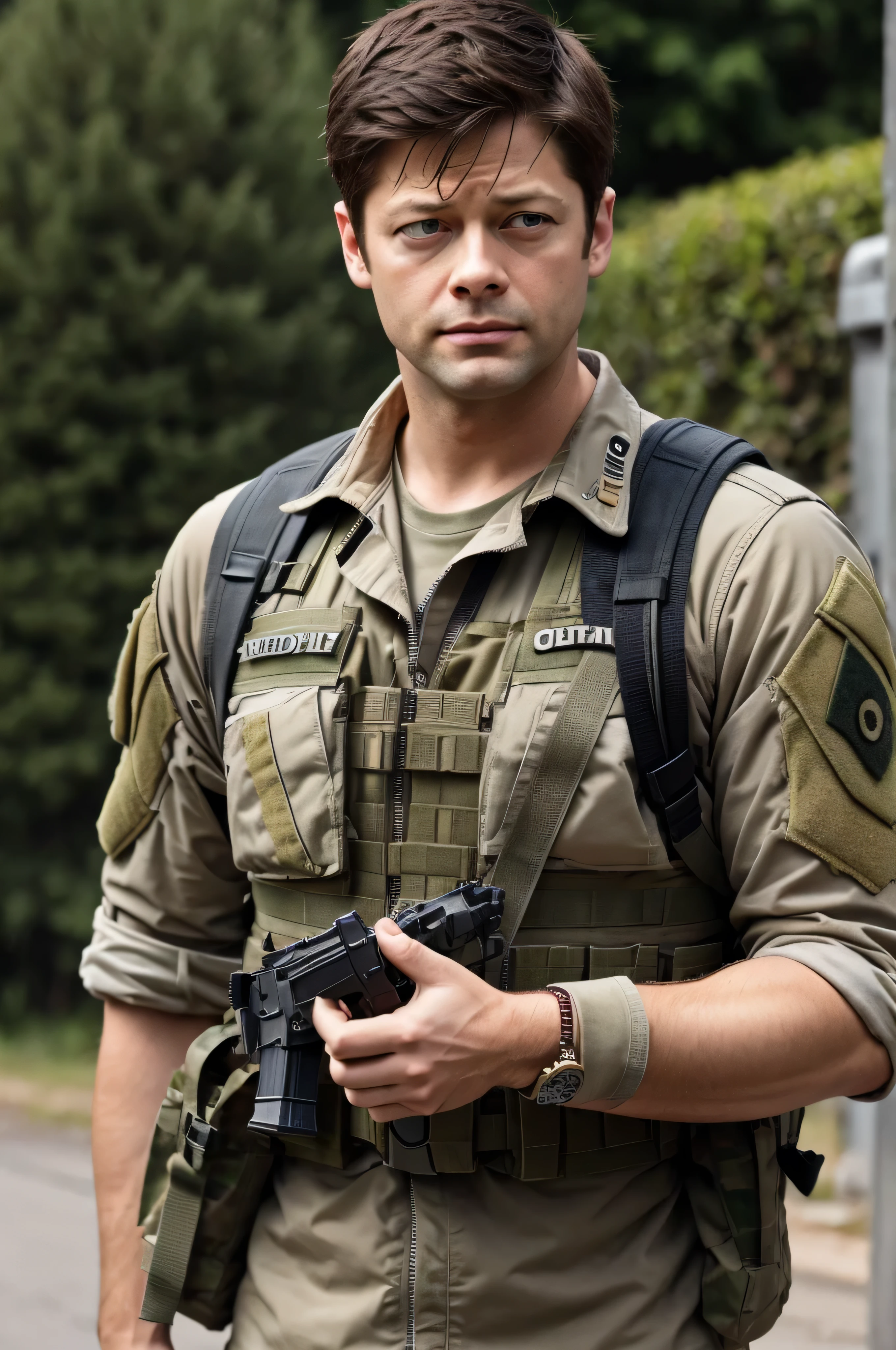 a security officer man, in a stunning dark blue suit, in a jungle paradise, (close up), [head shot], [smiling] raw, 8k, uhd, fujifulm xt3, masterpiece <lora:wadeWiliams:1>