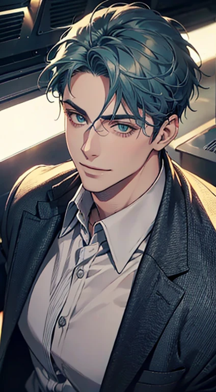 a mature man with short grey bluehair, green eyes, 31 years, and a perfect face, smiling in love, CEO, cinematic lighting, 1:4 HDR image, top view, ultra detailed, best quality, masterpiece, 8K, photorealistic, beautiful image