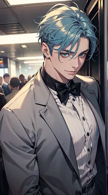 a mature man with short grey bluehair, green eyes, 31 years, and a perfect face, smiling in love, CEO, cinematic lighting, 1:4 HDR image, top view, ultra detailed, best quality, masterpiece, 8K, photorealistic, beautiful image