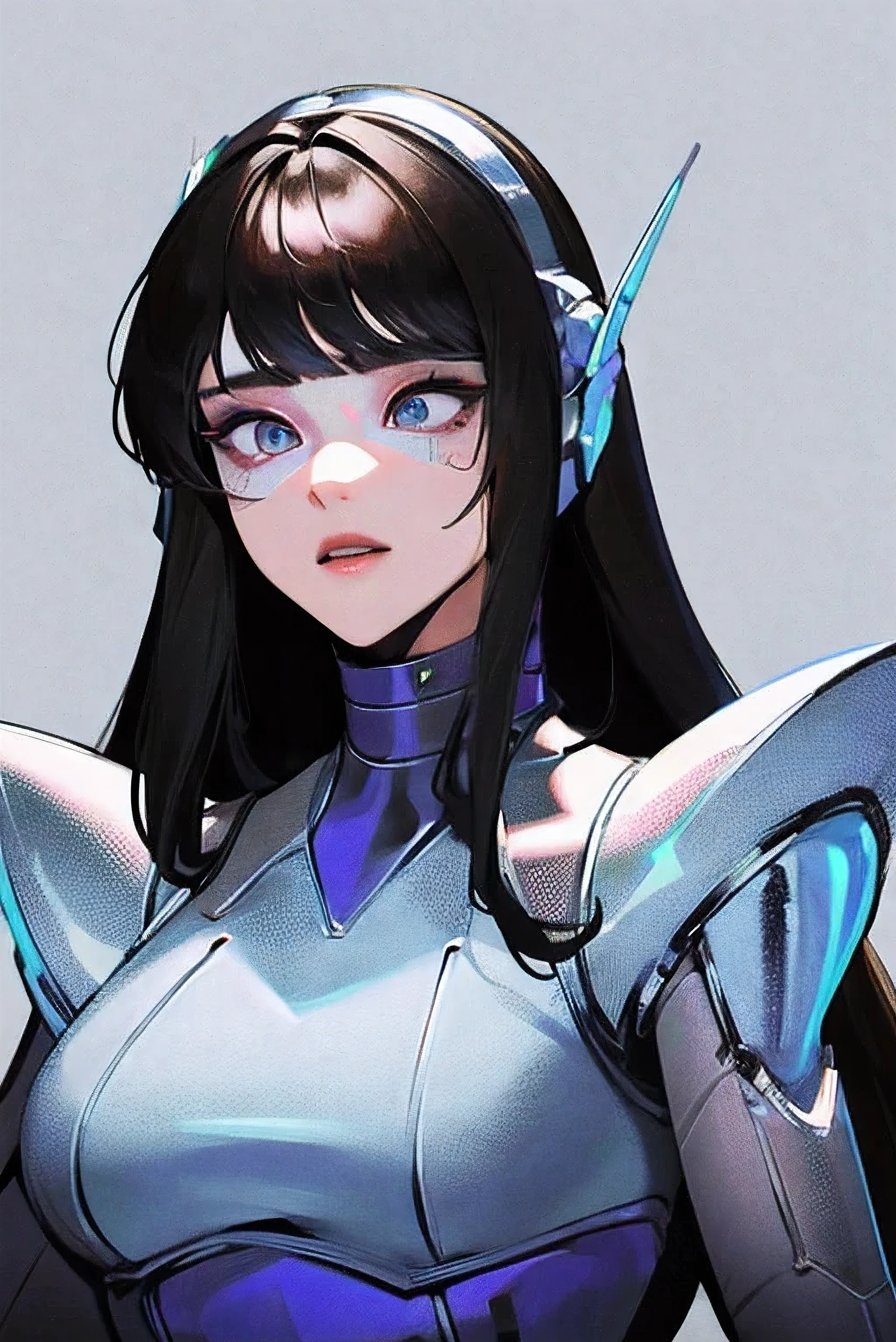 empty eyes,robotized woman ,big bust,Robot Joint ,Metal skin,Black Suit