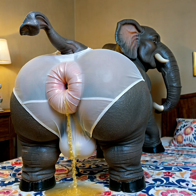 (((solo))), ((((((feral elephant, wearing panties, elephant tail, raised tail)))))), (((((panties elephant shaped indent, see through, horse hindquarters under panties, huge puffy anal bulge, butt focus, bedroom, excessive urine, urine on panties, see through white panties, hyper anus))))), wide hips, legs wide spread, wide shot, close-up, Wide-Angle, masterpiece, high details, high quality, best quality, highres, HD,