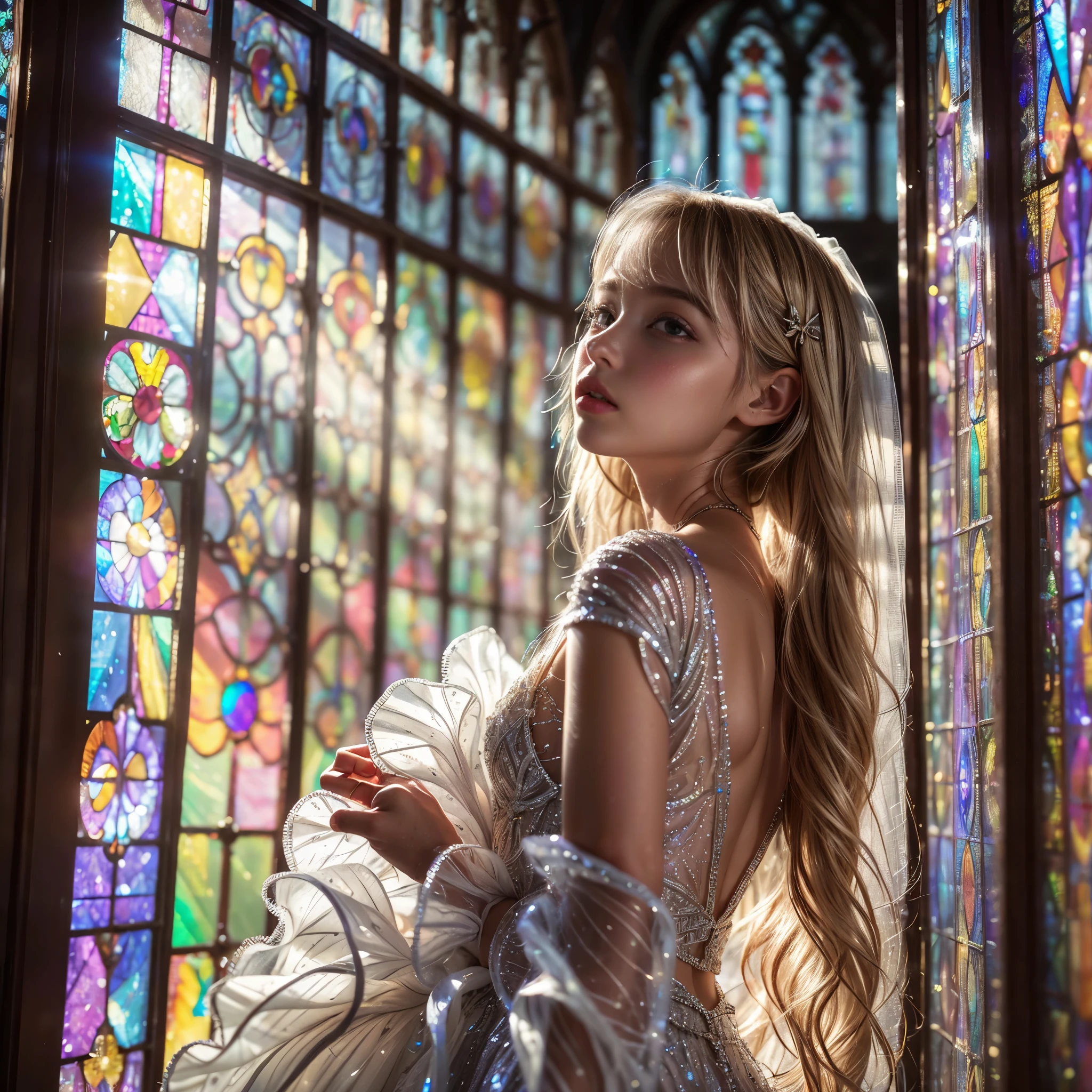 (Cathedral from below:1.28) (ZoomLayer) TopQuality 8K masterpiece of ((Professional photo)), (((Clarisse de Cagliostro))) (Detailed White WeddingDresses), Chain, (((Extremely detailed KAWAII face))) {((VeiledFace))|BlondeHair|(Elaborate BuleEyes)with(SparklingHighlights:1.28)}, The background is distant (((Elaborate stained glass))) Rainbow Glass, {(MysticSight)|EnchantingAtmosphere|Haze|(GodRays)|TyndallEffect}, Radiant PearlSkin with Transparency, (Exposed:0.39)