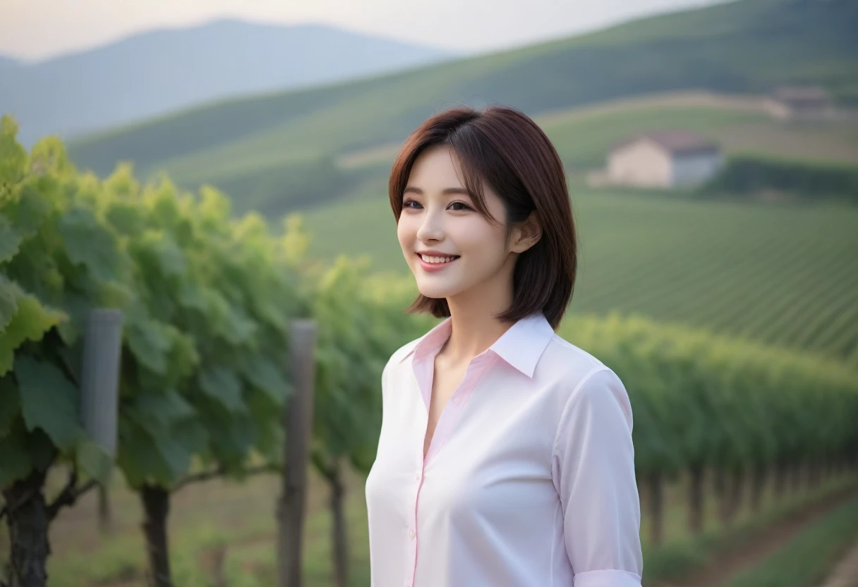 8k, ultra high resolution, best quality, masterpiece, 三分割法によるpicture,surreal, picture, 1 woman, (36 years old:1.3), Pretty Woman, Cute face, Beautiful Eyes in Every Detail, 細かくdetailedに,masterpiece,, a woman:1.2, Japanese female announcer,whole body,young wife,light pink collar shirt, casual pants, Italian countryside vineyard road, foggy vineyard at dawn, Cathedral, look up at the sky , profile, Full of cleanliness,a relaxed smile,heal the heart,semi short layered hair,Looking at the audience、beauty,long neck、Smile a little、Please shut your mouth and smile、(((ideal body type))),A cup small breasts :2,、portrait:2、complete anatomy、鮮明なdetailed、detailed、surreal、light and shadow,strong light, 캐논 16-35 광각렌즈 whole body샷