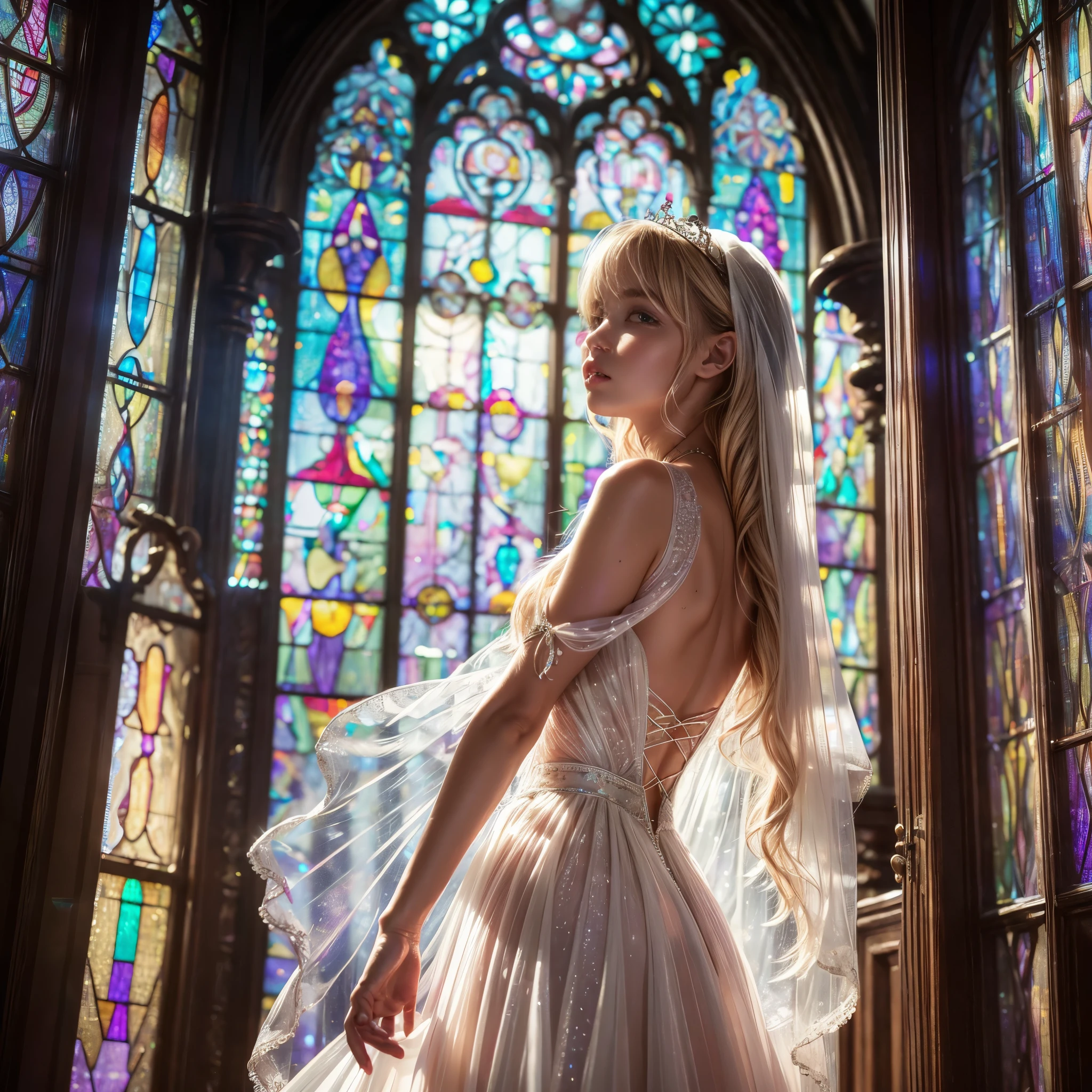 (Cathedral from below:1.28) (ZoomLayer) TopQuality 8K masterpiece of ((Professional photo)), (((Clarisse de Cagliostro))) (Detailed White WeddingDresses), Chain, (((Extremely detailed KAWAII face))) {((VeiledFace))|BlondeHair|(Elaborate BuleEyes)with(SparklingHighlights:1.28)}, The background is distant (((Elaborate stained glass))) Rainbow Glass, {(MysticSight)|EnchantingAtmosphere|Haze|(GodRays)|TyndallEffect}, Radiant PearlSkin with Transparency, (Exposed:0.39)