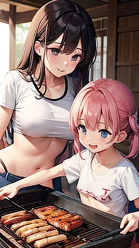 Mother and two daughters、naked、barbecue、T-Shirts、Showing underboob
