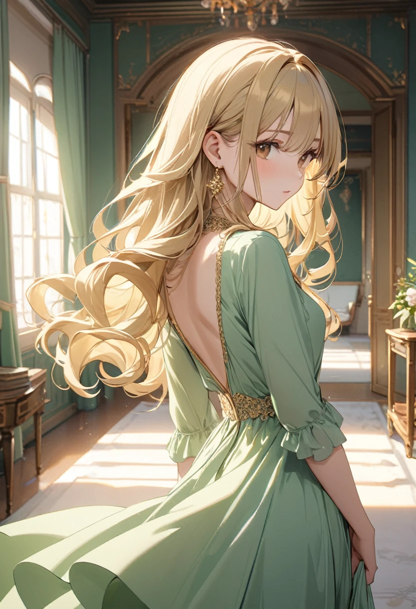8k, Female model, long wavy blonde hair, Brown eyes, wears a long pastel green dress with very detailed details, wear simple gold jewelry, room at the back, smooth light