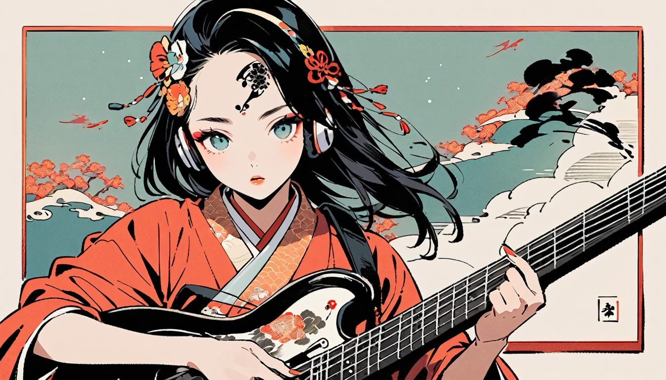 (((Ink Painting))), Fashion portrait color photos, (((1 girl))), (((Playing electric bass))), (((Tattoo in the center of the forehead))), (((Very flashy hair accessories))), (((Very flashy makeup))), Japanese style headphones, front view, Japan人の美少女, Black Hair, Delicate and precise, Modern ukiyo-e style,Japan, Droopy eyes, round face, Fuller lips, vivid color