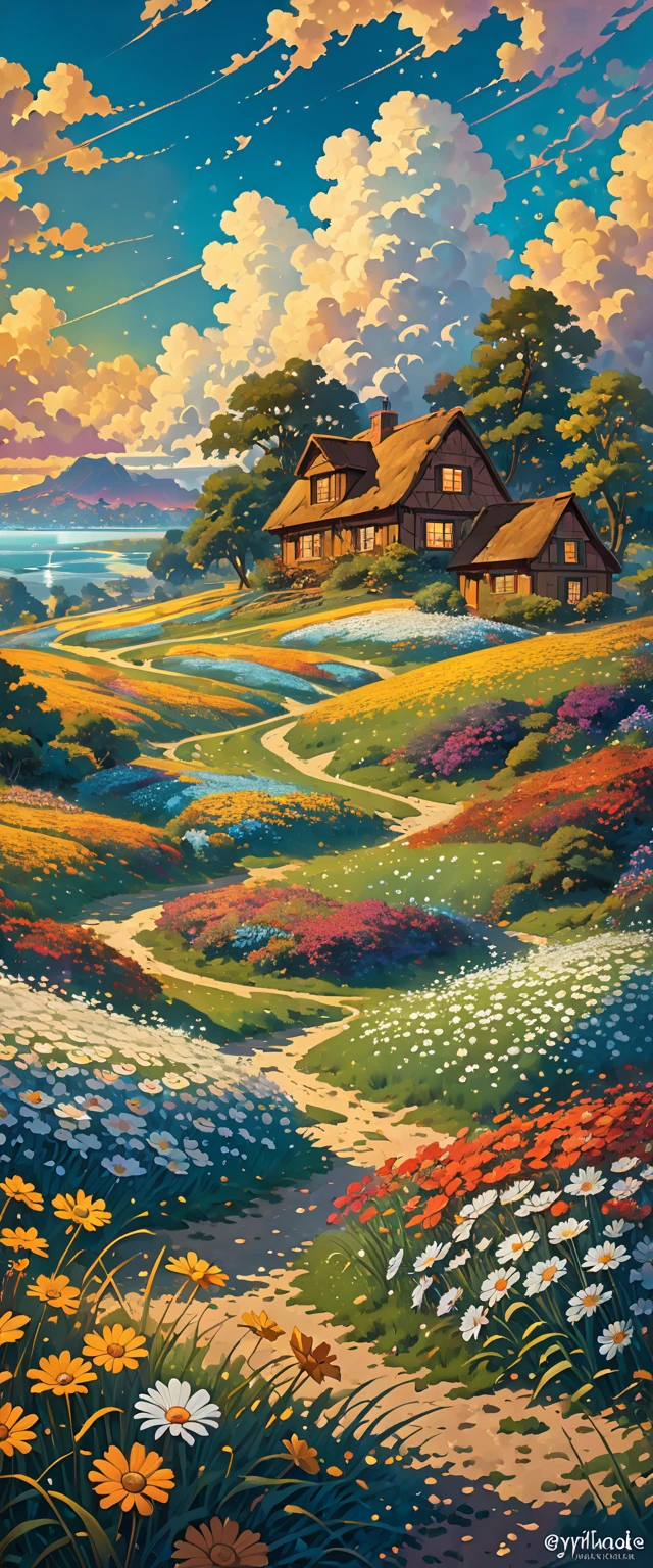 field of tall grasses and daisy flowers, con nubes cumulus,, Kilian Eng y Thomas Kinkade, Rob Gonsalves y Tim White., silvain sarriel, Rhads y Thomas Kinkade, inspired by RHADS, cyril rolando and m.w kalut, cyril rolando and m. w kalut, rhads!!!