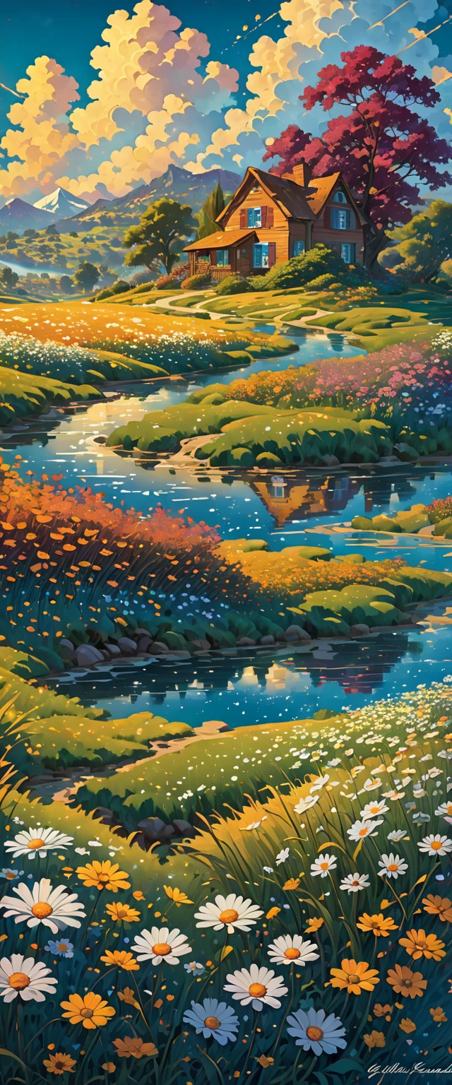 field of tall grasses and daisy flowers, con nubes cumulus,, Kilian Eng y Thomas Kinkade, Rob Gonsalves y Tim White., silvain sarriel, Rhads y Thomas Kinkade, inspired by RHADS, cyril rolando and m.w kalut, cyril rolando and m. w kalut, rhads!!!