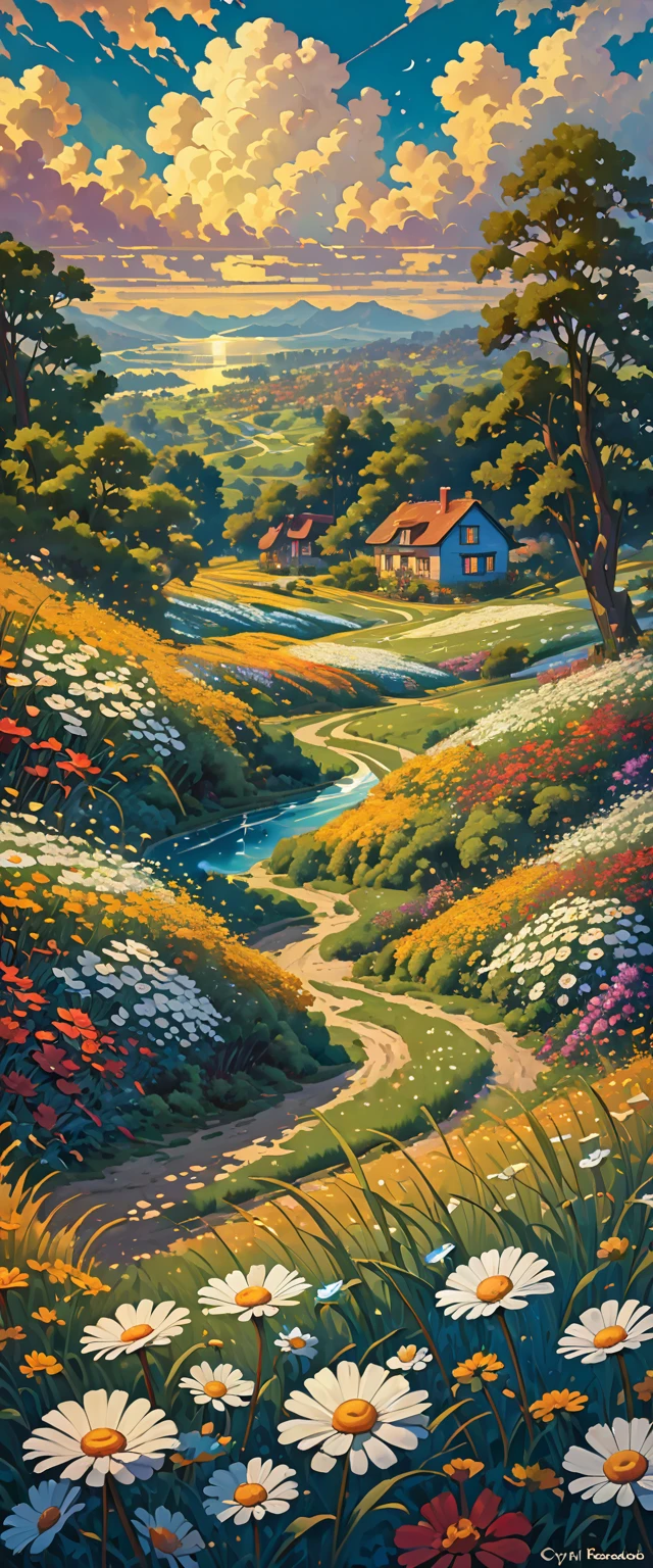 field of tall grasses and daisy flowers, con nubes cumulus,, Kilian Eng y Thomas Kinkade, Rob Gonsalves y Tim White., silvain sarriel, Rhads y Thomas Kinkade, inspired by RHADS, cyril rolando and m.w kalut, cyril rolando and m. w kalut, rhads!!!