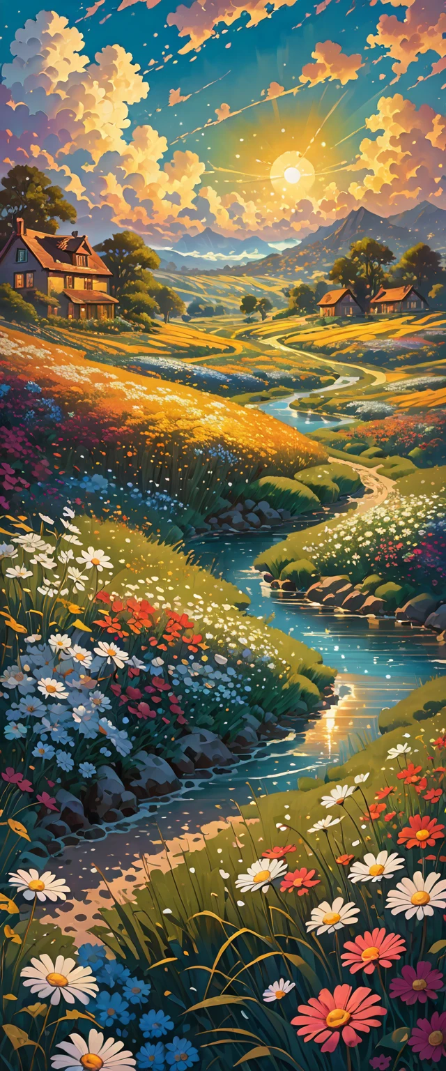 field of tall grasses and daisy flowers, con nubes cumulus,, Kilian Eng y Thomas Kinkade, Rob Gonsalves y Tim White., silvain sarriel, Rhads y Thomas Kinkade, inspired by RHADS, cyril rolando and m.w kalut, cyril rolando and m. w kalut, rhads!!!