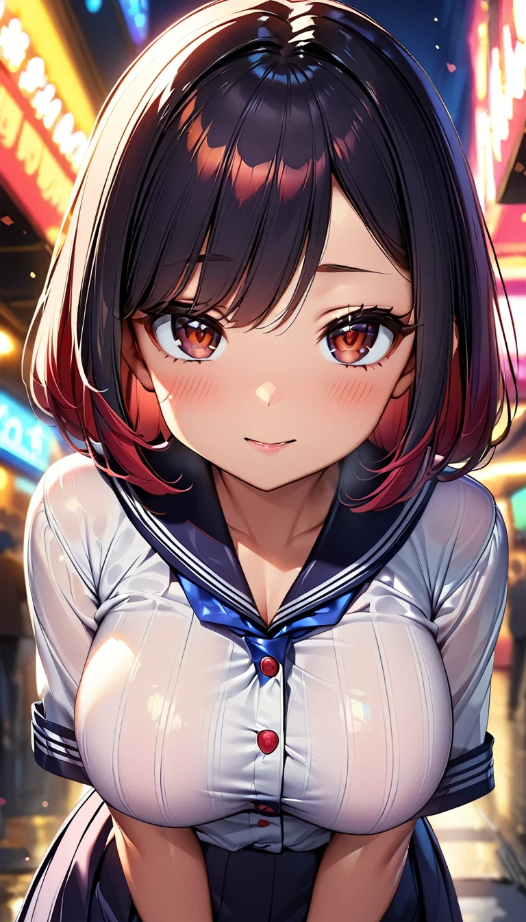 1girl, , , masterpiece:1.4, best quality:1.2, very aesthetic:1.4, super cute, shining eyes, 20-year-old, Fair skin, Black Hair, red highlights, Glowing Skin, Shiny small, Dark brown eyes, Sharp focus:1.2, Highly detailed face and skin texture, Detailed eyes, Perfect Face, Blur the background, Japanese, seductive expression:1.4, blushing, leaning forward, medium breasts, casual clothes, tease