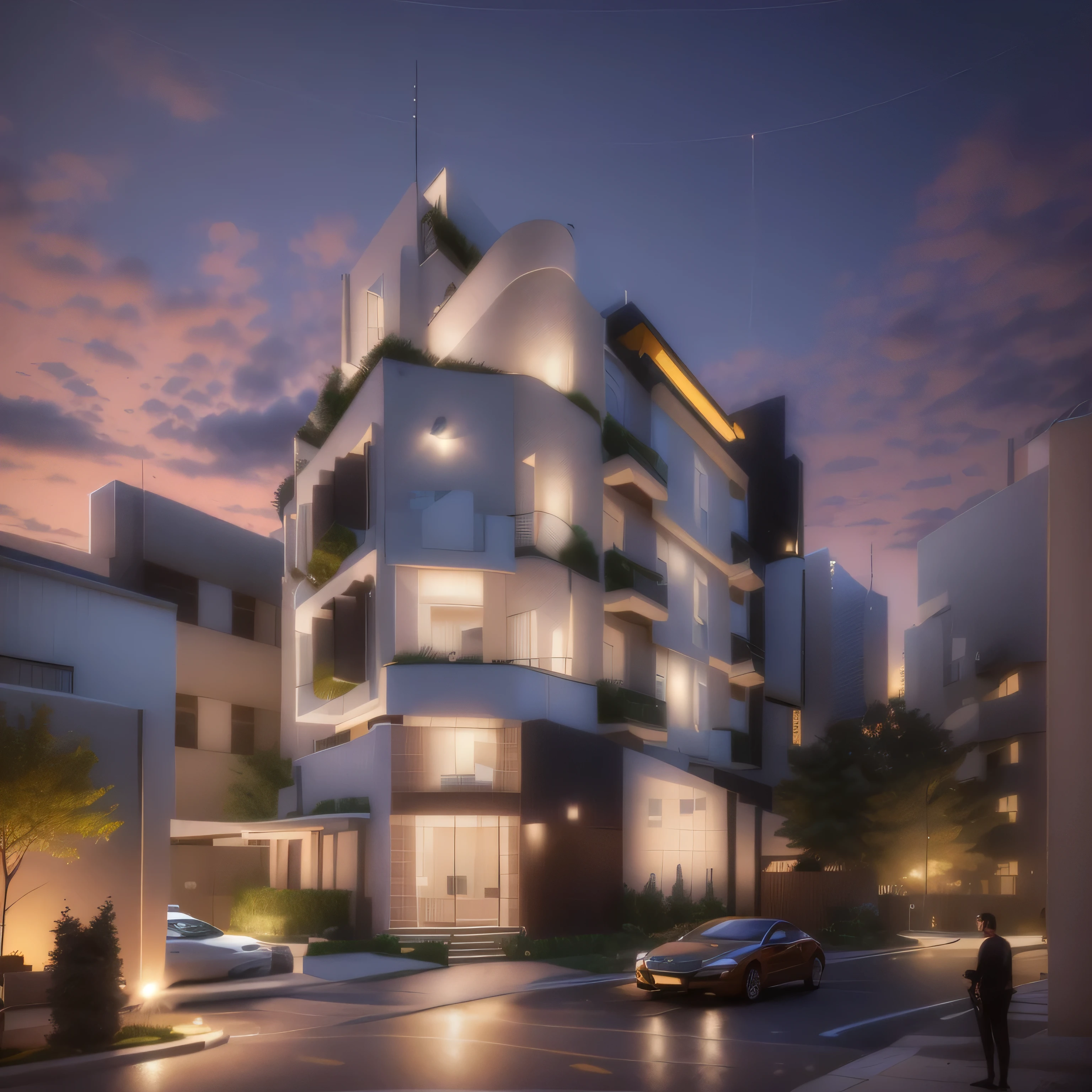rendering of a modern apartment building with a car parked in front, night time render, architecture render, architectural render, architectural visualization, realistic architecture, a photorealistic rendering, architectural 3 d render, breathtaking render, rendered in lumion pro, by Yehia Dessouki, architectural concept, lumion render, rendered in lumion, very realistic 3 d render