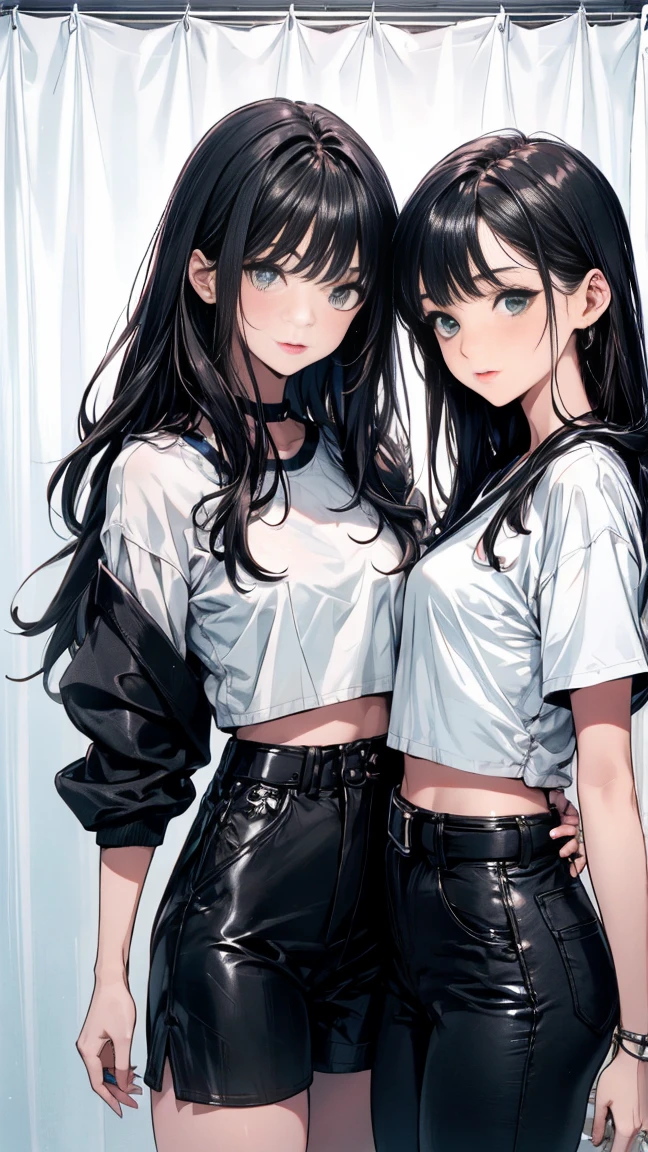 Two people, man and a woman. The woman has long black hair, white curtain bangs, fair skin, and green eyes wearing a cropped white shirt, black belt, black shorts, and white boots. The man with short black, white bangs, fair skin, and green eyes wearing a white tanktop, black belt, black pants, and white shoes