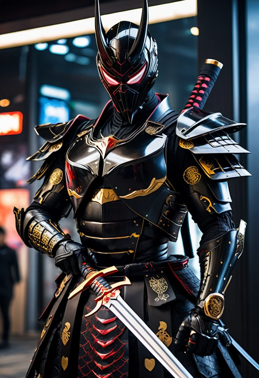 araffe dressed in a black suit holding a sword and a sword, cyborg samurai, cyber japan samurai armor, cyberpunk samurai, very beautiful cyberpunk samurai, full samurai armor spiderman, bio - mechanical ninja samurai, portrait of a cyberpunk samurai, cyber japan style armor, cyber japan armor, celtic and cyberpunk armor, black bull samurai, intricate assasin mecha armor