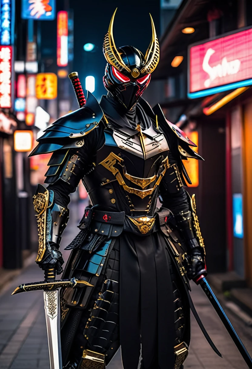 araffe dressed in a black suit holding a sword and a sword, cyborg samurai, cyber japan samurai armor, cyberpunk samurai, very beautiful cyberpunk samurai, full samurai armor spiderman, bio - mechanical ninja samurai, portrait of a cyberpunk samurai, cyber japan style armor, cyber japan armor, celtic and cyberpunk armor, black bull samurai, intricate assasin mecha armor