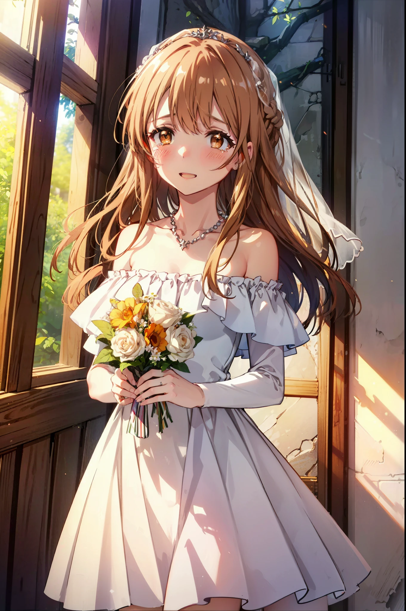 a sun ayuuki, a sun a yuuki, Long Hair, Brown Hair, (Brown eyes:1.8),smile,blush,Off-the-shoulder wedding dresses,necklace,Wedding Skirts,Holding a bouquet in both hands,Clear skies,Tears stream down her face,Tears of joy,I cry a lot,Flower storm,whole bodyがイラストに入るように,
break indoors, Chapel,教会
break looking at viewer, whole body,(Cowboy Shot:1.5),
break (masterpiece:1.2), Highest quality, High resolution, unity 8k wallpaper, (figure:0.8), (Beautiful attention to detail:1.6), Highly detailed face, Perfect lighting, Highly detailed CG, (Perfect hands, Perfect Anatomy),