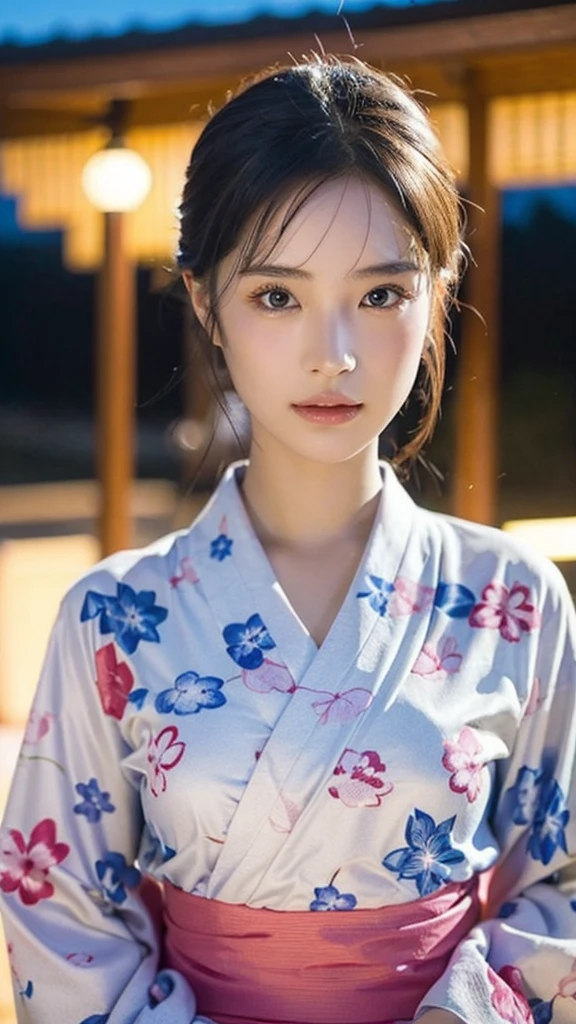 "Voluptuous Japanese traditional beauty, 27 years old, height 160cm, classic curves
 (95-62-92 cm), full F-cup breasts, slender 62cm waist, ample 92cm hips, smooth pale
 skin like white jade (RGB: 248, 245, 240), oval face with gentle features, soft
 almond-shaped eyes (deep brown, RGB: 45, 30, 15) with single eyelids, small
 straight nose, small mouth with naturally red lips (RGB: 212, 98, 95), long straight
 black hair reaching lower back, currently in a loose bun with a few strands framing
 face, no makeup showcasing natural beauty, wearing a light blue (RGB: 202, 225,
 255) yukata with white cherry blossom pattern, yukata slightly open revealing
 décolletage and a glimpse of thigh, red obi sash accentuating waist, relaxing in an
 outdoor onsen (hot spring) surrounded by large rocks and Japanese maple trees,
 steam rising from hot water, soft mood lighting from paper lanterns, night sky with full
 moon visible, sensual but tasteful composition emphasizing natural beauty and
 serenity, shot with Leica Q2 full-frame compact camera, 28mm f/1.7 Summilux lens,
 ISO 3200, 1/30 sec, 47MP resolution, focus on serene expression and subtle skin
 tones through steam--ar 3:4--q 2--s 900--v 6.0--style raw"