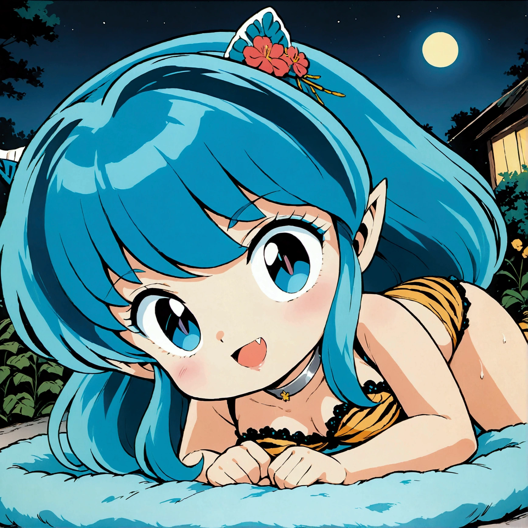 score_9, score_8_up, score_7_up, 1980's style, JK, retro, source anime, flat color, (masterpiece), (best quality), (ultra-detailed), (illustration), (an extremely delicate and beautiful). lum, 1girl, solo, (moonlight), dynamic angle, Beautiful, (nsfw:0.85), ((baby face)), (intense colors), blue hair, blue eyes, (tiny horns), pointy ears, aqua hair, eyeshadow, cute, top quality, official art, 8k wallpaper, very detailed, Figure, Little cute girl of 1 person, sparkle hair ornament, flower trim, taut dress, himejoshi, wet and messy,summer festival,lace-trimmed dress,lace bra,tsumami kanzashi, alice-type underwear, dress flower, butterfly print, print male underwear, in-universe location, see-through skirt, tail flower, chibi, teasing smile, fang, fair skin, wearing a sheer tight bodysuit, tiger-stripped kneeboots, silver choker, flirtatious smug, fang, lying on a luxurious fur rug, partially undressed, soft ambient lighting, glamorous, vibrant, masterpiece, cinematic quality, Expressiveh