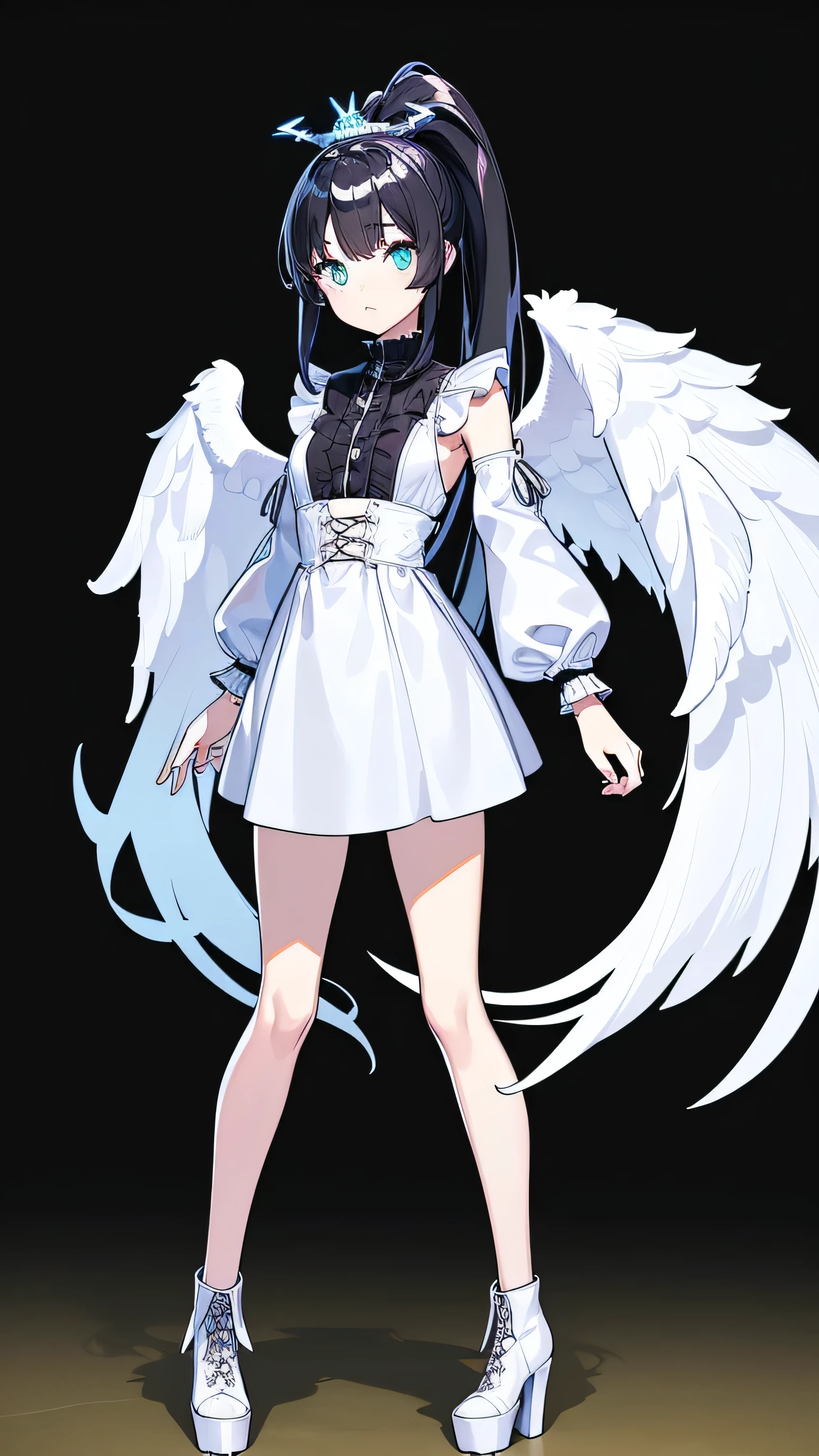 1girl, 18 years old, ((glowing angel ring)), standing full body shot:1.4, black hair, ((long High Ponytail:1.2)), cyan eyes, white gothic dress, platform boots, (best quality,4k,8k,highres,masterpiece:1.2),ultra-detailed,(realistic,photorealistic,photo-realistic:1.37),((black background)), dramatic lighting, official art beautiful intricate details