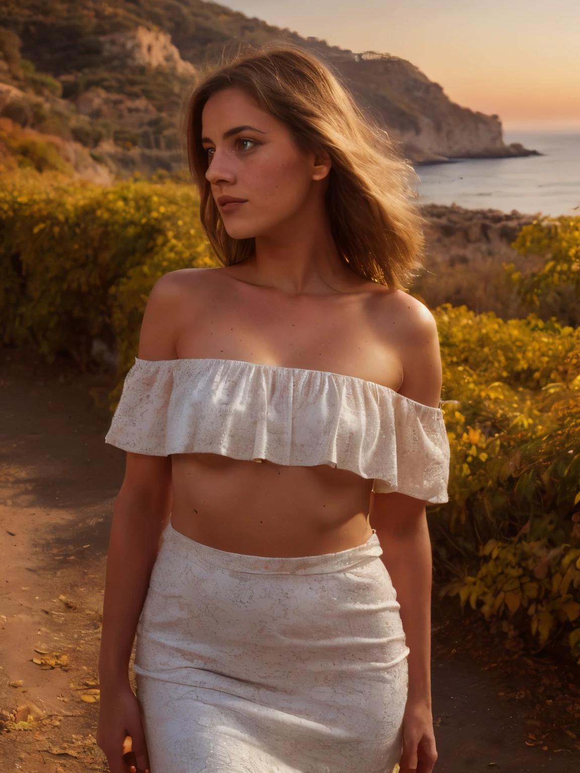 A young woman lies gracefully on the vibrant, sunlit landscape of Mallorca's south coast during the early 1870s. The scene captures a breathtaking autumn sunrise, with the rich, golden hues of dawn casting a warm, soft glow over the picturesque setting. The background is an intricate tapestry of colorful autumn foliage, where the leaves have transitioned into brilliant shades of amber, crimson, and ochre, creating a stunning contrast against the clear, crisp morning sky.
She is dressed in a beautifully detailed paisley print off-the-shoulder top, featuring intricate patterns in deep blues, rich purples, and delicate golds. The fabric is a lightweight, textured cotton, characteristic of the 1870s, with the paisley motifs meticulously woven into the material. The off-the-shoulder design reveals her collarbones, enhancing the elegant simplicity of her attire. Her flowing maxi skirt, made of a soft, sheer muslin, drapes elegantly around her. The skirt’s colors, a gradient of warm oranges and soft yellows, complement the autumn landscape and flutter gently with the breeze.
Her hair is styled in soft, wavy blond locks that cascade over her shoulders, the natural texture catching the early morning light. Her buzz-cut at the nape of her neck contrasts with the longer waves, adding a touch of historical authenticity to her appearance. The woman's skin is a warm, sun-kissed tan, with natural imperfections such as freckles and slight blemishes, which add to her genuine beauty. The soft, golden light of the sunrise enhances her skin’s rich texture, bringing out the natural radiance.
The detailed background includes the lush, vibrant autumn landscape of Mallorca’s south coast. The ground is carpeted with fallen leaves in a spectrum of fiery reds and bright yellows. Nearby, rugged coastal cliffs rise dramatically, their edges softened by the golden light of dawn. The distant Mediterranean Sea sparkles with the first light of the day, reflecting shades of azure and deep blue. T