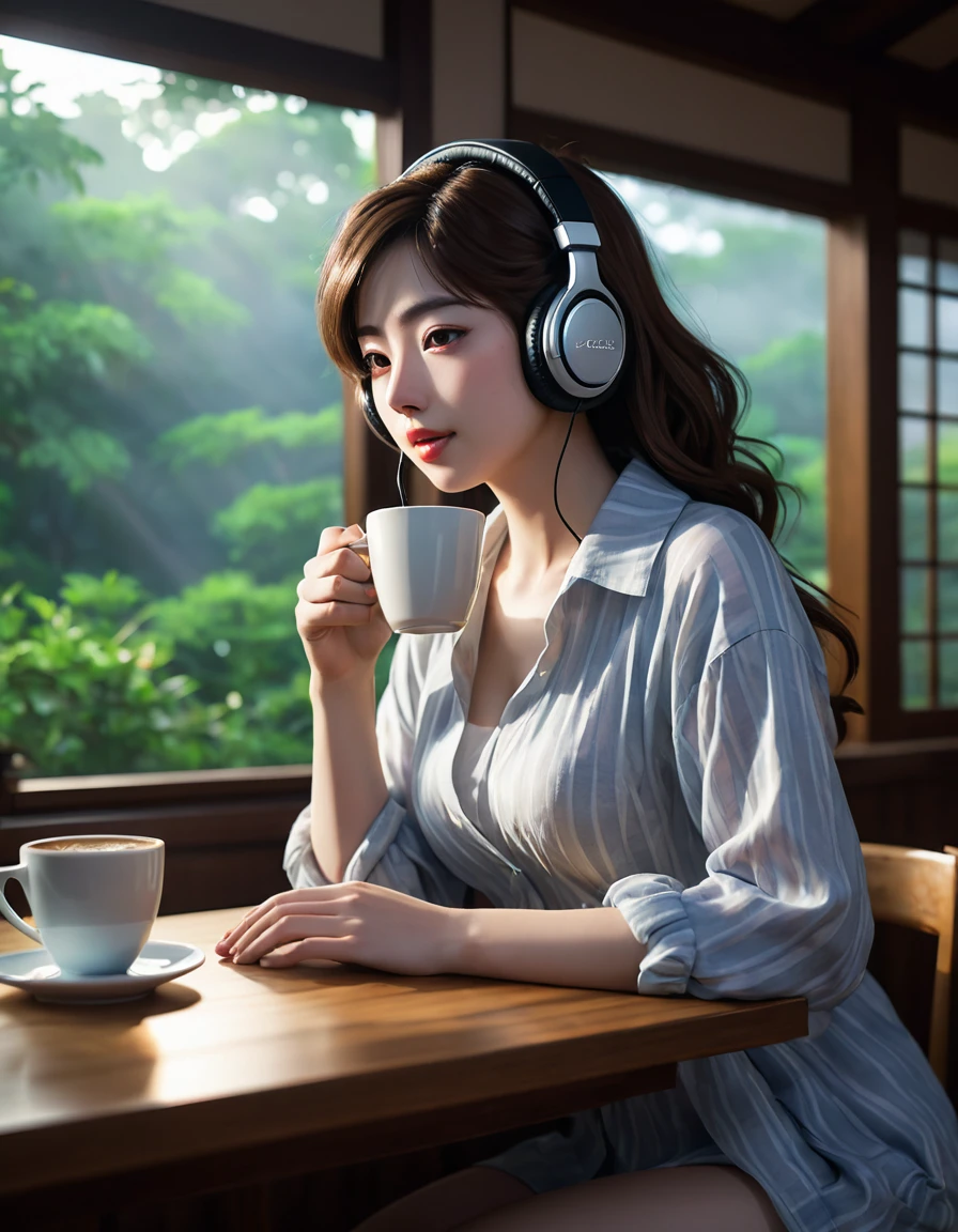 quite a bit body a beautiful cute Japanese woman, still from the film, (Anne Hathaway look alike face: 0.8), breathtaking anime version of of ohwx woman wearing headphones and drinking coffee, anime style art by studio ghibli in the dark with watercolors. digital render 4k uhd wallpaper illustration trending on cgsociety award winning photograph cinematic dramatic lighting detailed intricate high resolution hdr 8 k 3 d shading masterpiece fine shadows perfect composition realistic octane rendered unreal engine 5 rtx reflections ambient occlusion shadow depth fog atmosphere volumetric light god rays misty . award-winning, professional, highly detailed, Leica SL3, Summicron-SL 75 f/2 ASPH, Kodak Gold 200 film, bokeh, rim lighting, silhouette, shallowed depth of field, dynamic hands up,