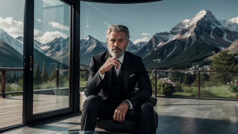 "Create a highly realistic image featuring the following elements:
Man:
Ethnicity: White
Age: Approximately 40 years old
Eye color: Green
Hair: Semi-gray
Height: 1.87 meters
Beard: Medium length, well-groomed
Attire: Elegant slim black suit with black dress shoes
Action: Looking at a high-end wristwatch
Car:
Model: PORSCHE 911
Color: Graphite
Background:
Setting: A beautiful large house with dark glass windows
Environment: Well-lit with a picturesque mountain landscape in the background
Ensure the image captures the luxurious and elegant lifestyle with high realism and detail."