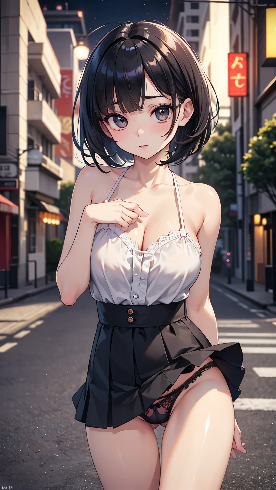 (masterpiece, 最high quality, 超High resolution, Very detailed), (Realistic:1.1, photoRealistic:1.4), Perfect illustration, Perfect lighting,Hair in perfect detail, Perfect and detailed face, Perfect collarbone, Perfect body,Juicy breasts, Perfect Thighs, Beautiful feet, View your viewers, 1 Girl,Perfect Face, (Perfect Anatomy, Anatomically correct), Symmetrical face、((Shiny Hair)),Sexy Body、(masterpiece),(最high quality:1.3),8k,Very clear,(Ultra-realistic),,Captivating woman,(high quality, High resolution, Fine details), Realisticなスタイルの女性,Juicy breasts、One perfect woman、Perfect Face、Symmetrical face、、((Large Breasts))、blush、((Juicy lips))、Cowboy Shot、((Short black hair、Thin bangs))、((Large, double-set black eyes、Long eyelashes))、(((A mini skirt fluttering in the wind)))、(((Cute Panties)))、((Red makeup))、(Outdoor、On the street at night)