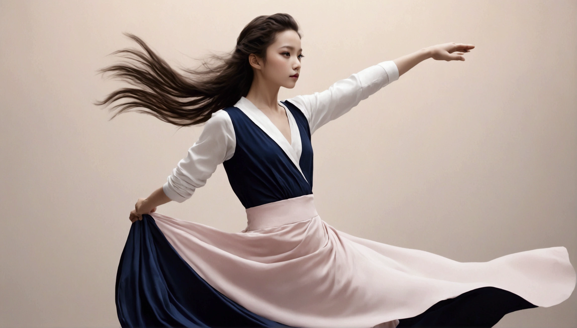 Exquisite dance photography；A little girl，Solitary；A dancing little girl，whole body像；[Black Eyeball，confidence，High and cold，happy]；[Long skirt elegant style，Long sleeve；Set，Light pink and white gradient，Traditional style，The skirt has no pattern，The hem of the long skirt is like petals covering the background,Petal pattern，The background is petals and skirt,]；[Chinese dance]，[[[whole body，Panorama 1.1]]]，front；Composition：The character is on the right side of the screen；Long hair in the wind,advanced sense,Fashion, Still photography, Loop video, Fascinating movement, captivating visuals, Seamless integration, Compelling storytelling, Vortex phenomenon, Angled form, Dynamic Movement, Bold Geometric Shapes, Fragment shape, sharp contrast, Influence of modernism, nature, , modern Art, Astonishing, Unreal Background, Art from (Alessio Albi:1.1), Soft lighting, happy emotion，Extremely detailed,The most beautiful form of chaos, elegant； Simple style；Minimalism。Panoramic photography；Depth of Field, Extraordinary details, masterpiece, high quality, 4K，cinematic lighting, motion blur, depth of field, sparkle, ray tracing, reflection light, anatomically correct, uhd, textured skin, best quality, super detail, highres, high details, accurate, high quality, award winning